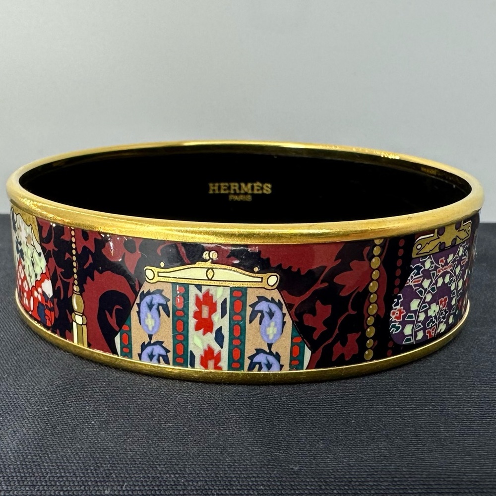 Hermes Bangle Bracelet - Coin Purse Printed Enamel w/ Gold Plating, Collectible